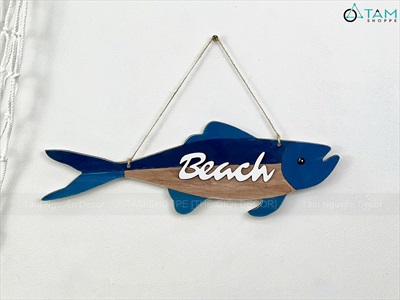 Bảng treo Cá gỗ sọc xanh Beach Retro [Nhẹ - Thủ công] 40x13cm BTC-BIEN-07